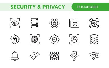 Güvenlik web simgelerini hizaya sokun. Güvenlik, siber güvenlik, şifre, akıllı ev, güvenlik, veri koruması, anahtar, kalkan, kilit açma, göz erişimi. Güvenlik ana hatları simgesi ayarlandı.