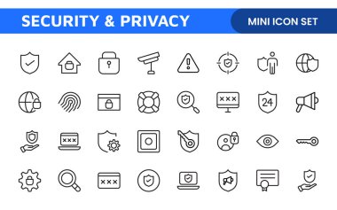 Güvenlik web simgelerini hizaya sokun. Güvenlik, siber güvenlik, şifre, akıllı ev, güvenlik, veri koruması, anahtar, kalkan, kilit açma, göz erişimi. Güvenlik ana hatları simgesi ayarlandı.