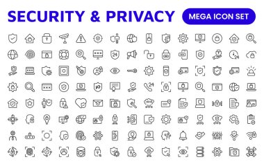 Güvenlik web simgelerini hizaya sokun. Güvenlik, siber güvenlik, şifre, akıllı ev, güvenlik, veri koruması, anahtar, kalkan, kilit açma, göz erişimi. Güvenlik ana hatları simgesi ayarlandı.