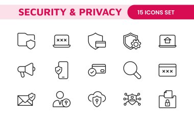 Güvenlik web simgelerini hizaya sokun. Güvenlik, siber güvenlik, şifre, akıllı ev, güvenlik, veri koruması, anahtar, kalkan, kilit açma, göz erişimi. Güvenlik ana hatları simgesi ayarlandı.