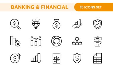 Bankacılık ve Finansal Çözümler Simgeleri: Mali Hizmetler, Bankacılık Arayüzleri, Yatırım İzleme, Ekonomik Planlama ve Bütçe Planlama için Profesyonel Seti