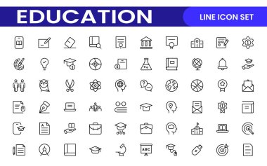 Eğitim çizgisi simgeleri koleksiyonu. Büyük UI simgesi düz dizayn edildi. İnce taslak simgeler paketi. İnce çizgi simgeleri, akademik konular ve eğitim. Taslak sembol koleksiyonu.