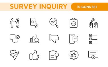 Anket geribildirimi, referans, müşteri ince çizgi simgeleri. Web sitesi pazarlama, logo, uygulama, şablon, ui, vs. için.