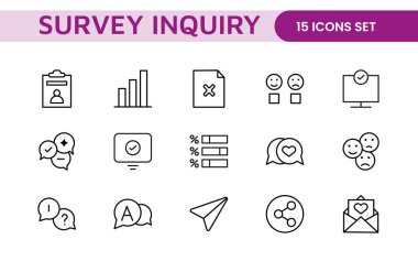 Anket geribildirimi, referans, müşteri ince çizgi simgeleri. Web sitesi pazarlama, logo, uygulama, şablon, ui, vs. için.