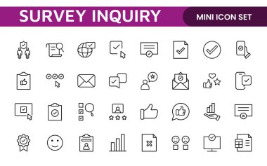 Anket geribildirimi, referans, müşteri ince çizgi simgeleri. Web sitesi pazarlama, logo, uygulama, şablon, ui, vs. için.