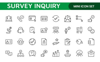 Anket geribildirimi, referans, müşteri ince çizgi simgeleri. Web sitesi pazarlama, logo, uygulama, şablon, ui, vs. için.