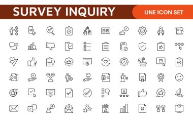 Anket geribildirimi, referans, müşteri ince çizgi simgeleri. Web sitesi pazarlama, logo, uygulama, şablon, ui, vs. için.