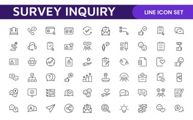 Anket geribildirimi, referans, müşteri ince çizgi simgeleri. Web sitesi pazarlama, logo, uygulama, şablon, ui, vs. için.