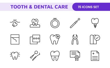 Complete Tooth and Dental Care Icon Collection: Perfect for Oral Hygiene, Dentist Tools, Preventive Measures, Whitening Solutions, and Comprehensive Dental Care clipart