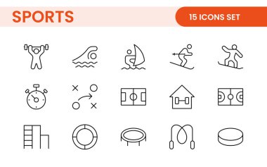 Spor ve açık hava aktiviteleri çizgisi simgesi seti. Açık hava sporlarıyla ilgili taslak simge koleksiyonu.