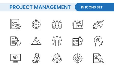 Proje Yönetimi web simgeleri hizada. Zamanlama, insan kaynakları, yönetim, geliştirme, planlama ve daha fazlası ile ilgili ana simge koleksiyonu.
