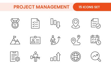 Proje Yönetimi web simgeleri hizada. Zamanlama, insan kaynakları, yönetim, geliştirme, planlama ve daha fazlası ile ilgili ana simge koleksiyonu.