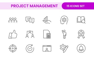 Proje Yönetimi web simgeleri hizada. Zamanlama, insan kaynakları, yönetim, geliştirme, planlama ve daha fazlası ile ilgili ana simge koleksiyonu.