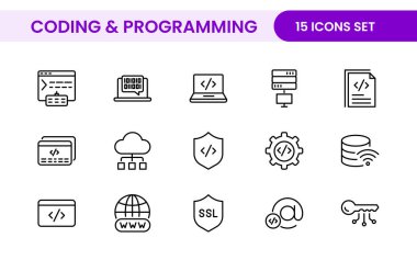 Web simgelerinin kodlama seti satır biçiminde programlanıyor. Web ve mobil uygulama için yazılım geliştirme simgeleri. Kod, api, programcı, geliştirici, bilgi teknolojisi, kodlayıcı ve daha fazlası.
