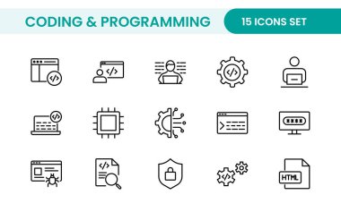 Web simgelerinin kodlama seti satır biçiminde programlanıyor. Web ve mobil uygulama için yazılım geliştirme simgeleri. Kod, api, programcı, geliştirici, bilgi teknolojisi, kodlayıcı ve daha fazlası.