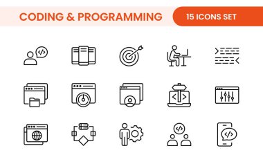 Web simgelerinin kodlama seti satır biçiminde programlanıyor. Web ve mobil uygulama için yazılım geliştirme simgeleri. Kod, api, programcı, geliştirici, bilgi teknolojisi, kodlayıcı ve daha fazlası.