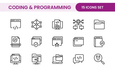 Web simgelerinin kodlama seti satır biçiminde programlanıyor. Web ve mobil uygulama için yazılım geliştirme simgeleri. Kod, api, programcı, geliştirici, bilgi teknolojisi, kodlayıcı ve daha fazlası.