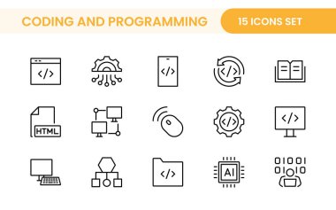 Web simgelerinin kodlama seti satır biçiminde programlanıyor. Web ve mobil uygulama için yazılım geliştirme simgeleri. Kod, api, programcı, geliştirici, bilgi teknolojisi, kodlayıcı ve daha fazlası.