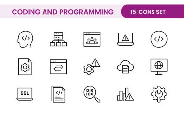 Web simgelerinin kodlama seti satır biçiminde programlanıyor. Web ve mobil uygulama için yazılım geliştirme simgeleri. Kod, api, programcı, geliştirici, bilgi teknolojisi, kodlayıcı ve daha fazlası.
