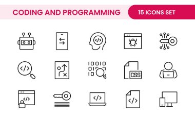 Web simgelerinin kodlama seti satır biçiminde programlanıyor. Web ve mobil uygulama için yazılım geliştirme simgeleri. Kod, api, programcı, geliştirici, bilgi teknolojisi, kodlayıcı ve daha fazlası.