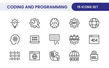 Web simgelerinin kodlama seti satır biçiminde programlanıyor. Web ve mobil uygulama için yazılım geliştirme simgeleri. Kod, api, programcı, geliştirici, bilgi teknolojisi, kodlayıcı ve daha fazlası.