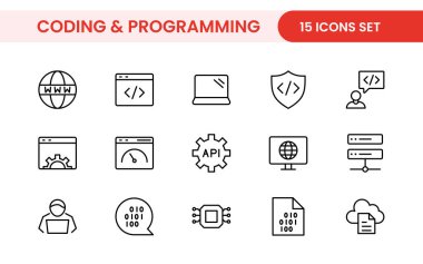 Web simgelerinin kodlama seti satır biçiminde programlanıyor. Web ve mobil uygulama için yazılım geliştirme simgeleri. Kod, api, programcı, geliştirici, bilgi teknolojisi, kodlayıcı ve daha fazlası.