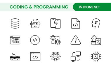 Web simgelerinin kodlama seti satır biçiminde programlanıyor. Web ve mobil uygulama için yazılım geliştirme simgeleri. Kod, api, programcı, geliştirici, bilgi teknolojisi, kodlayıcı ve daha fazlası.