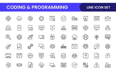 Web simgelerinin kodlama seti satır biçiminde programlanıyor. Web ve mobil uygulama için yazılım geliştirme simgeleri. Kod, api, programcı, geliştirici, bilgi teknolojisi, kodlayıcı ve daha fazlası.