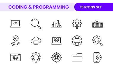 Web simgelerinin kodlama seti satır biçiminde programlanıyor. Web ve mobil uygulama için yazılım geliştirme simgeleri. Kod, api, programcı, geliştirici, bilgi teknolojisi, kodlayıcı ve daha fazlası.
