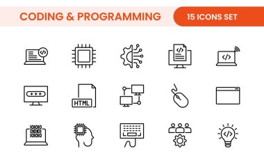 Web simgelerinin kodlama seti satır biçiminde programlanıyor. Web ve mobil uygulama için yazılım geliştirme simgeleri. Kod, api, programcı, geliştirici, bilgi teknolojisi, kodlayıcı ve daha fazlası.