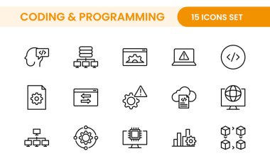 Web simgelerinin kodlama seti satır biçiminde programlanıyor. Web ve mobil uygulama için yazılım geliştirme simgeleri. Kod, api, programcı, geliştirici, bilgi teknolojisi, kodlayıcı ve daha fazlası.