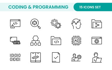 Web simgelerinin kodlama seti satır biçiminde programlanıyor. Web ve mobil uygulama için yazılım geliştirme simgeleri. Kod, api, programcı, geliştirici, bilgi teknolojisi, kodlayıcı ve daha fazlası.