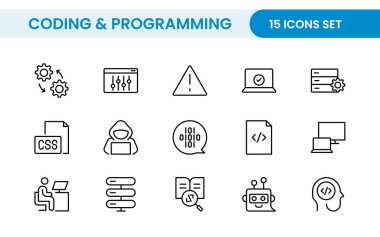 Web simgelerinin kodlama seti satır biçiminde programlanıyor. Web ve mobil uygulama için yazılım geliştirme simgeleri. Kod, api, programcı, geliştirici, bilgi teknolojisi, kodlayıcı ve daha fazlası.