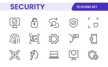 Güvenlik web simgelerini hizaya sokun. Güvenlik, siber güvenlik, şifre, akıllı ev, güvenlik, veri koruması, anahtar, kalkan, kilit açma, göz erişimi. Güvenlik ana hatları simgesi ayarlandı.