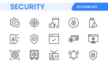 Güvenlik web simgelerini hizaya sokun. Güvenlik, siber güvenlik, şifre, akıllı ev, güvenlik, veri koruması, anahtar, kalkan, kilit açma, göz erişimi. Güvenlik ana hatları simgesi ayarlandı.