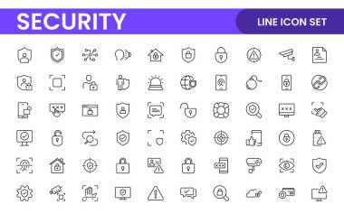 Güvenlik web simgelerini hizaya sokun. Güvenlik, siber güvenlik, şifre, akıllı ev, güvenlik, veri koruması, anahtar, kalkan, kilit açma, göz erişimi. Güvenlik ana hatları simgesi ayarlandı.