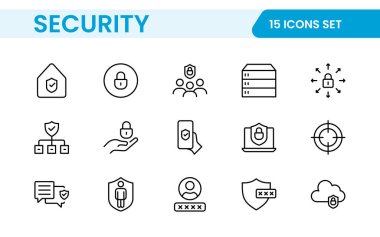 Güvenlik web simgelerini hizaya sokun. Güvenlik, siber güvenlik, şifre, akıllı ev, güvenlik, veri koruması, anahtar, kalkan, kilit açma, göz erişimi. Güvenlik ana hatları simgesi ayarlandı.