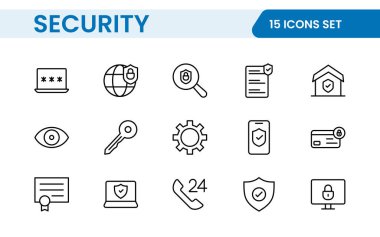 Güvenlik web simgelerini hizaya sokun. Güvenlik, siber güvenlik, şifre, akıllı ev, güvenlik, veri koruması, anahtar, kalkan, kilit açma, göz erişimi. Güvenlik ana hatları simgesi ayarlandı.