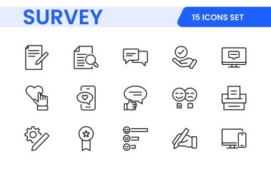 Anket geribildirimi, referans, müşteri ince çizgi simgeleri. Web sitesi pazarlama, logo, uygulama, şablon, ui, vs. için.