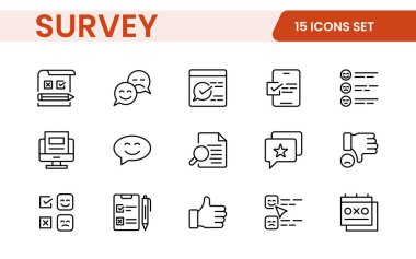 Anket geribildirimi, referans, müşteri ince çizgi simgeleri. Web sitesi pazarlama, logo, uygulama, şablon, ui, vs. için.