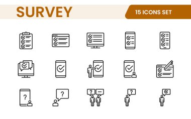 Anket geribildirimi, referans, müşteri ince çizgi simgeleri. Web sitesi pazarlama, logo, uygulama, şablon, ui, vs. için.