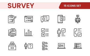 Anket geribildirimi, referans, müşteri ince çizgi simgeleri. Web sitesi pazarlama, logo, uygulama, şablon, ui, vs. için.