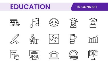 Eğitim çizgisi simgeleri koleksiyonu. Büyük UI simgesi düz dizayn edildi. İnce taslak simgeler paketi. İnce çizgi simgeleri, akademik konular ve eğitim. Taslak sembol koleksiyonu.