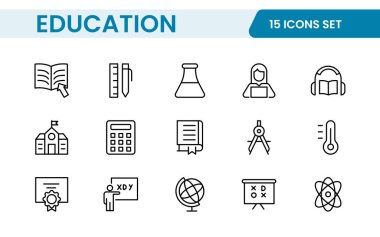 Eğitim çizgisi simgeleri koleksiyonu. Büyük UI simgesi düz dizayn edildi. İnce taslak simgeler paketi. İnce çizgi simgeleri, akademik konular ve eğitim. Taslak sembol koleksiyonu.