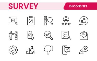 Anket geribildirimi, referans, müşteri ince çizgi simgeleri. Web sitesi pazarlama, logo, uygulama, şablon, ui, vs. için.