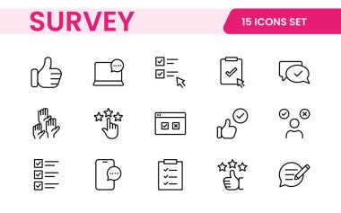 Anket geribildirimi, referans, müşteri ince çizgi simgeleri. Web sitesi pazarlama, logo, uygulama, şablon, ui, vs. için.