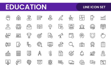 Eğitim çizgisi simgeleri koleksiyonu. Büyük UI simgesi düz dizayn edildi. İnce taslak simgeler paketi. İnce çizgi simgeleri, akademik konular ve eğitim. Taslak sembol koleksiyonu.