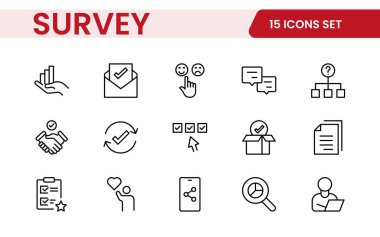 Anket geribildirimi, referans, müşteri ince çizgi simgeleri. Web sitesi pazarlama, logo, uygulama, şablon, ui, vs. için.