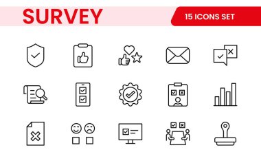 Anket geribildirimi, referans, müşteri ince çizgi simgeleri. Web sitesi pazarlama, logo, uygulama, şablon, ui, vs. için.