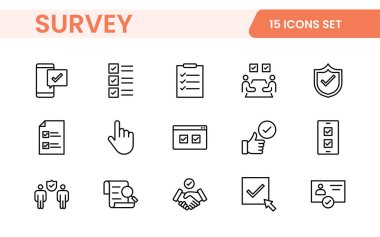 Anket geribildirimi, referans, müşteri ince çizgi simgeleri. Web sitesi pazarlama, logo, uygulama, şablon, ui, vs. için.